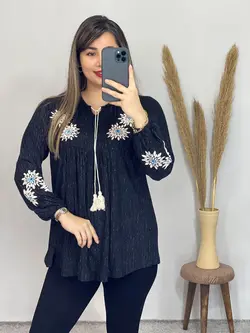 بلوز قواره دار یقه بنددار کد 7060