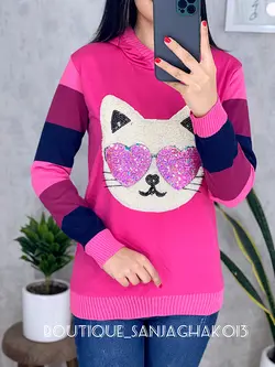 بلوز آستین بافت کلاهدار طرح گربه پولکی کد 7026