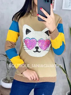 بلوز آستین بافت کلاهدار طرح گربه پولکی کد 7026