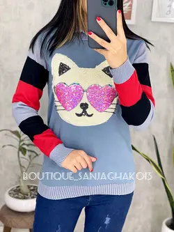 بلوز آستین بافت کلاهدار طرح گربه پولکی کد 7026