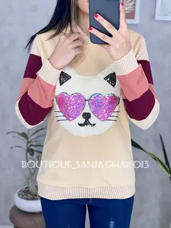 بلوز آستین بافت کلاهدار طرح گربه پولکی کد 7026