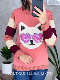 بلوز آستین بافت کلاهدار طرح گربه پولکی کد 7026