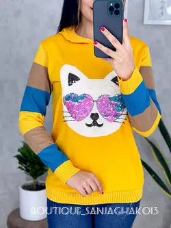 بلوز آستین بافت کلاهدار طرح گربه پولکی کد 7026