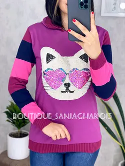 بلوز آستین بافت کلاهدار طرح گربه پولکی کد 7026