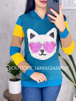 بلوز آستین بافت کلاهدار طرح گربه پولکی کد 7026