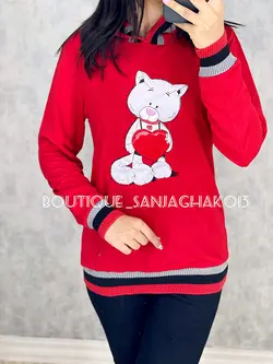 بلوز کلاهدار طرح  گربه قلبی کد 7012