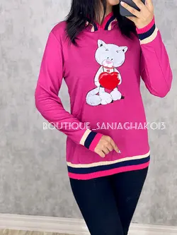 بلوز کلاهدار طرح  گربه قلبی کد 7012