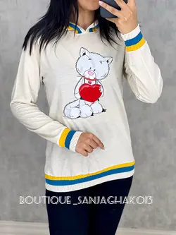 بلوز کلاهدار طرح  گربه قلبی کد 7012