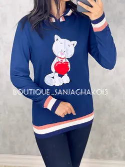 بلوز کلاهدار طرح  گربه قلبی کد 7012