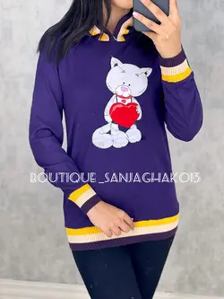 بلوز کلاهدار طرح  گربه قلبی کد 7012