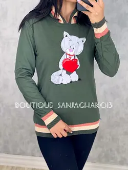 بلوز کلاهدار طرح  گربه قلبی کد 7012