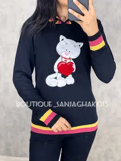 بلوز کلاهدار طرح  گربه قلبی کد 7012