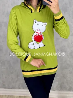 بلوز کلاهدار طرح  گربه قلبی کد 7012