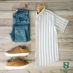 پیراهن راه راه کنفی آستین کوتاه مولتی کد 101664