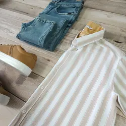 پیراهن راه راه کنفی آستین کوتاه مولتی کد 101664