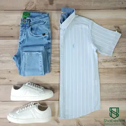 پیراهن راه راه کنفی آستین کوتاه مولتی کد 101664