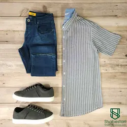 پیراهن راه راه کنفی آستین کوتاه مولتی کد 101664