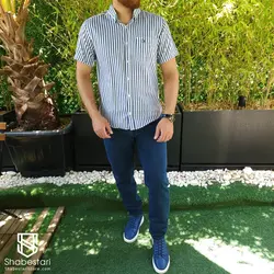 پیراهن نخ پنبه آستین کوتاه راه راه جیبدار کد 101985
