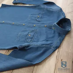 پیراهن جین آستین بلند دو جیب آبی سیر کد 10157