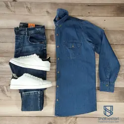 پیراهن جین آستین بلند دو جیب آبی سیر کد 10157