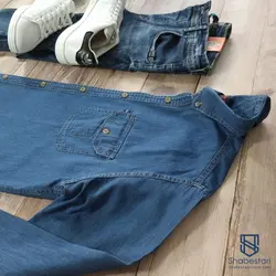 پیراهن جین آستین بلند دو جیب آبی سیر کد 10157