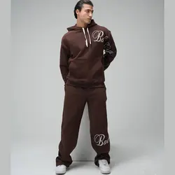 ست هودی و شلوار اسلش مردانه سه نخ خارخورده قهوه ای