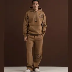 ست هودی و شلوار اسلش مردانه سه نخ خارخورده قهوه ای روشن