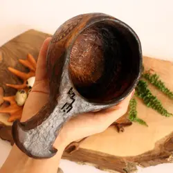 لیوان چوبی (کوکسا) طرح وایکینگ سوخته نگاری