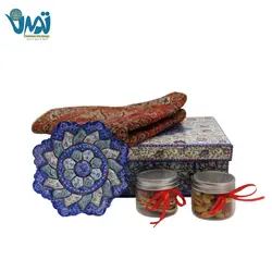 پک هدیه ترنج کوسن ترمه بشقاب میناکاری و بانکه آجیل و میوه خشک با جعبه هارد باکس