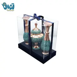 پک گلدان و شکلات خوری مس و فیروزه و باکس پلکسی