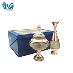پک هدیه لوکس گلدان و شکلات خوری مس و خاتم میراث