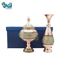 پک هدیه لوکس گلدان و شکلات خوری مس و خاتم میراث