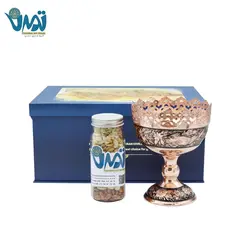 پک هدیه لوکس آجیل خوری مس و الماس تراش به همراه بانکه آجیل میراث