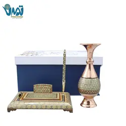 پک هدیه لوکس گلدان مس و خاتم و جاقلمی رومیزی خاتم کاری و خودکار