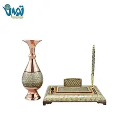 پک هدیه لوکس گلدان مس و خاتم و جاقلمی رومیزی خاتم کاری و خودکار