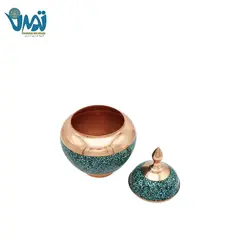 قندان شکلات خوری بدون پایه مس و فیروزه طرح سیب 20 سانتی