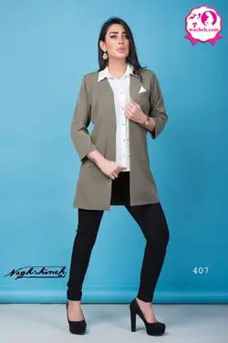 کت کرپ بارداری مازراتی همراه با شومیز آستین حلقه ای جلو دکمه دار و شیردهی