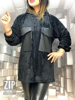 هودی کلاهدار ترکیبی مخمل کوبیده و چرم پوست ماری(۱۰۳۱)