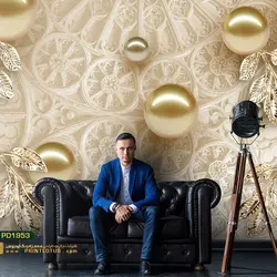 پوستر دیواری توپ طلایی و برگ طلایی و بکگراند نقش دار سه بعدی-کدpd1953