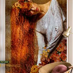 پوستر دیواری دختر چهره ی پوشیده ی مو بلند و گل کالیگرافی-کدpd1269