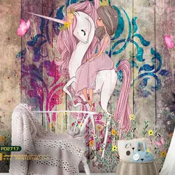 پوستر دیواری دختر روی اسب تک شاخ طرح کودک-کدpd2717