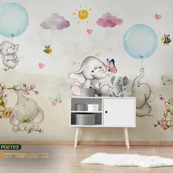 پوستر دیواری فیل و بادکنک و ابر طرح کودک-کدpd2723