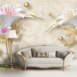 پوستر دیواری پشت تلوزیون گل هلندی و برگ طلایی سه بعدی-کدpd1058