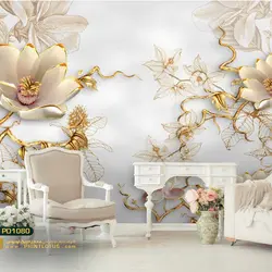 پوستر دیواری گل هلندی و برگ طلایی پشت تلوزیون سه بعدی-کدpd1080