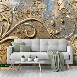 پوستر دیواری  گل هلندی شاخه ای پشت تلوزیون و برگ سه بعدی-کدpd1155