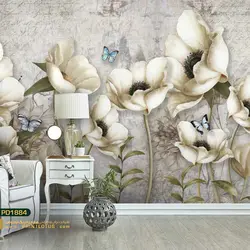 پوستر دیواری گل شاخه ای هلندی و پروانه پشت تلوزیون سه بعدی-کدpd1884