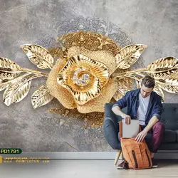 پوستر دیواری گل نارنجی و برگ طلایی هلندی بزرگ پشت تلوزیون سه بعدی-کدpd1791