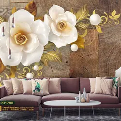 پوستر دیواری گل هلندی سفید و طلایی و برگ طلایی پشت تلوزیون سه بعدی-کدpd1798