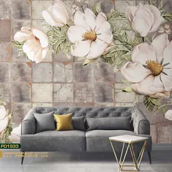 پوستر دیواری پشت تلوزیون گل گلبهی هلندی و برگ سه بعدی-کدpd1933