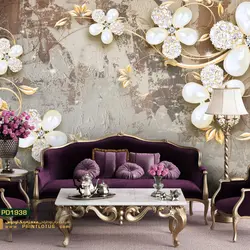 پوستر دیواری گل سفید نگین دار و برگ طلایی هلندی پشت تلوزیون سه بعدی-کدpd1938